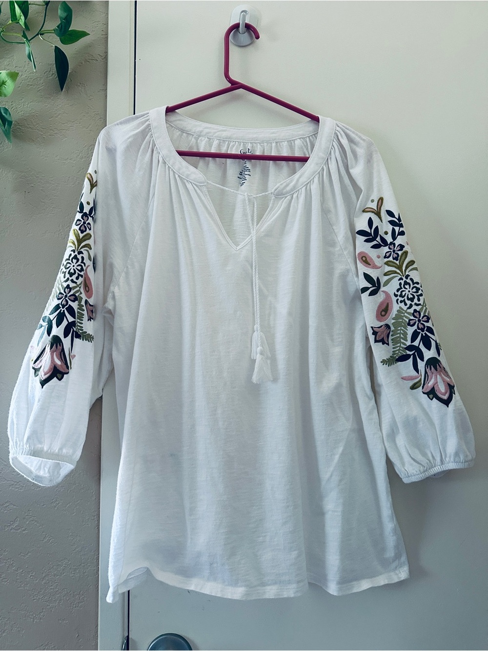 croft & barrow White Peasant Tunic with Floral Sleeve -Size XXL-Embroidery